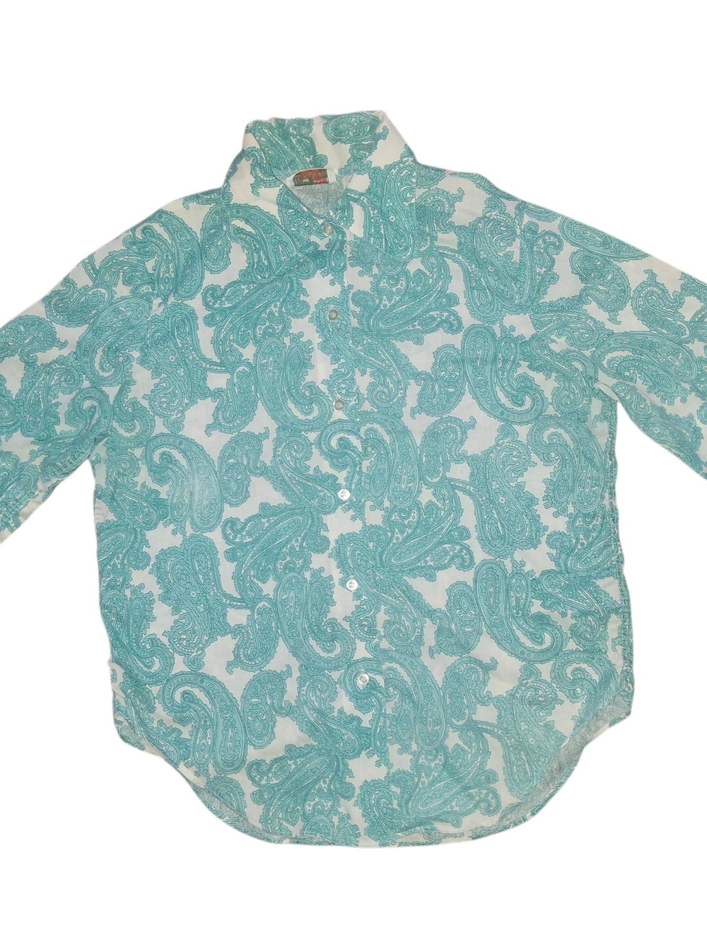 1960's Perma Press Teal Paisley Button-Up Shirt True Vintage Size M